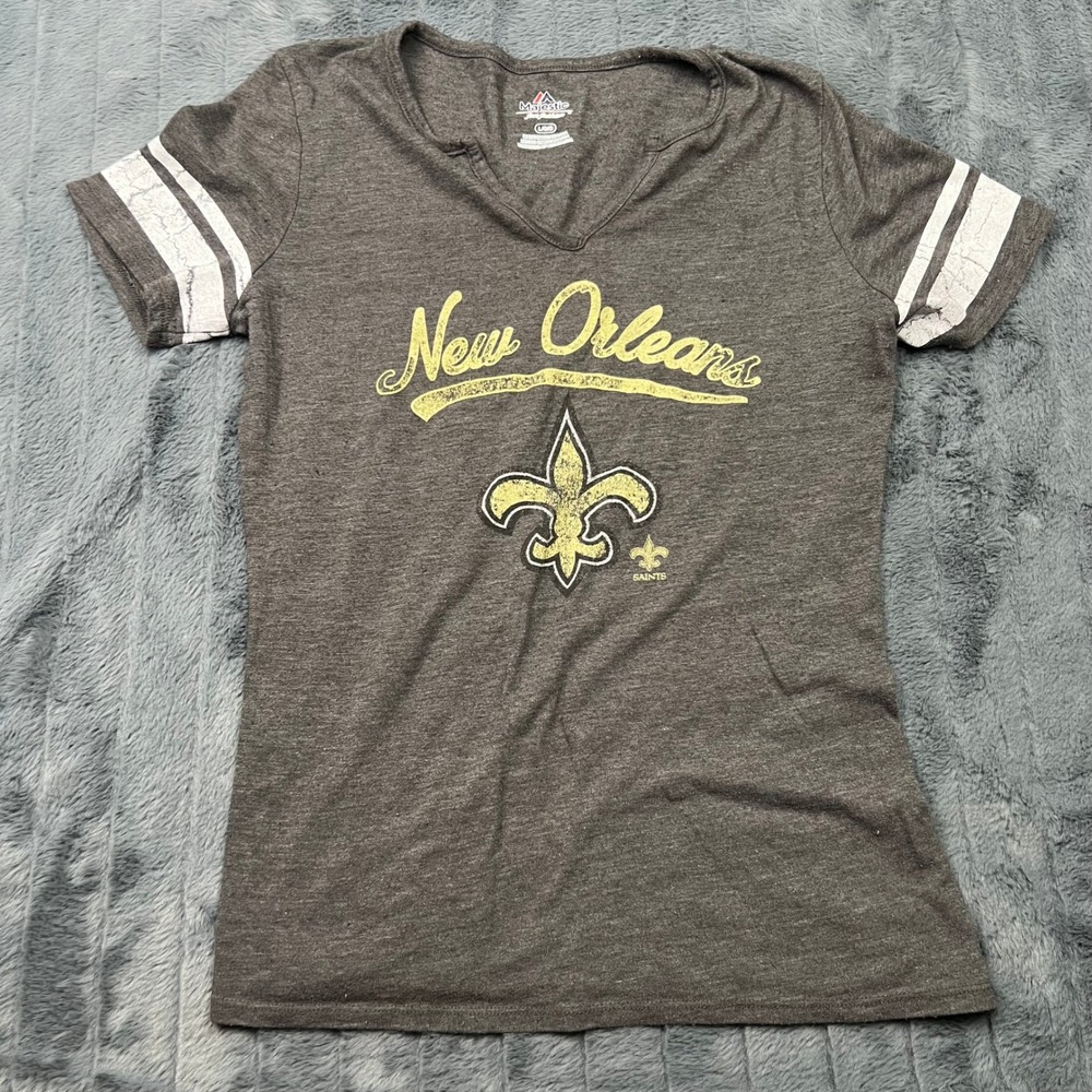 Majestic New Orleans Saints V-Neck T-Shirt Gray Women Large KFJC 14920
